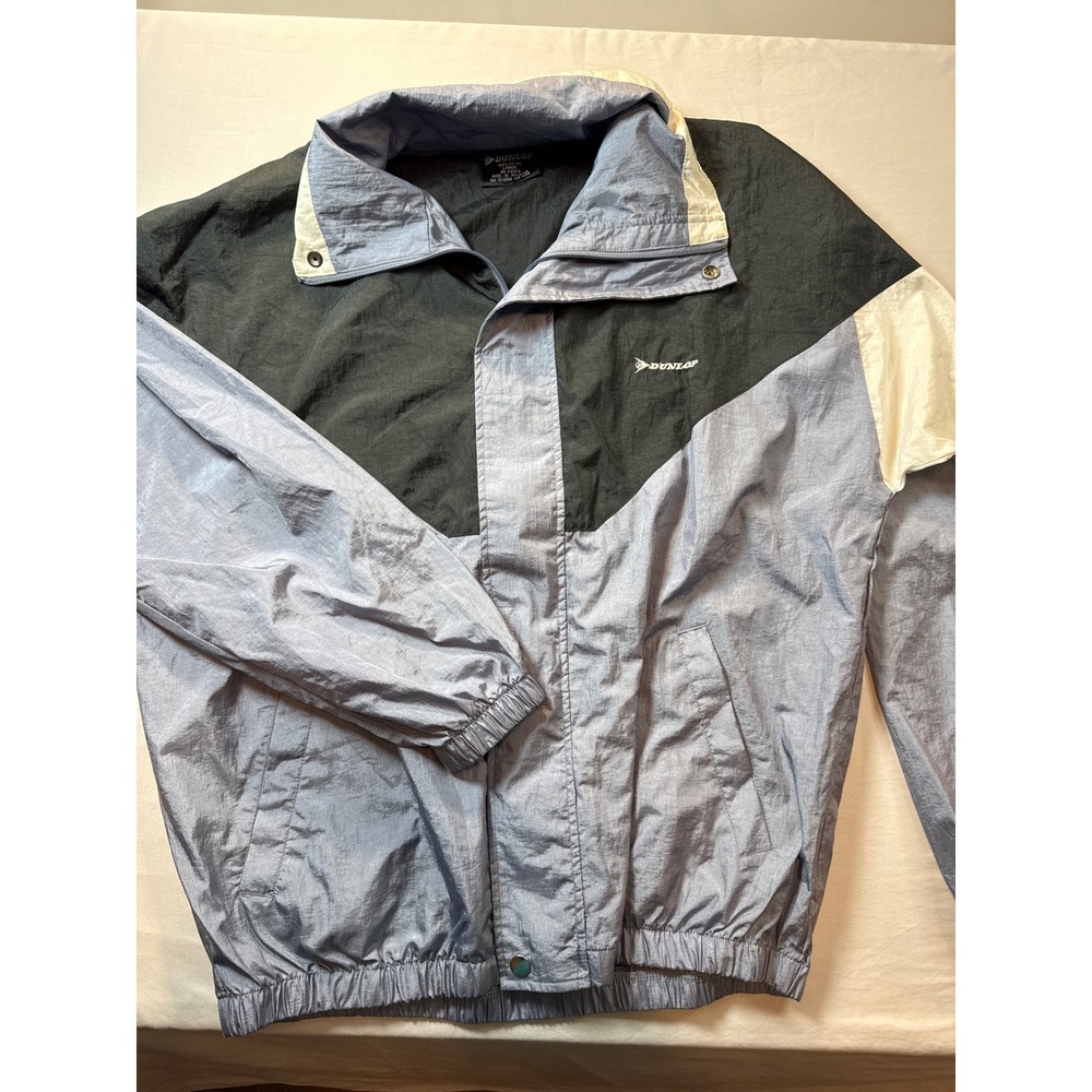 Vintage Dunlop Colorblock Windbreaker Jacket Blue Black White Nylon Large Womens